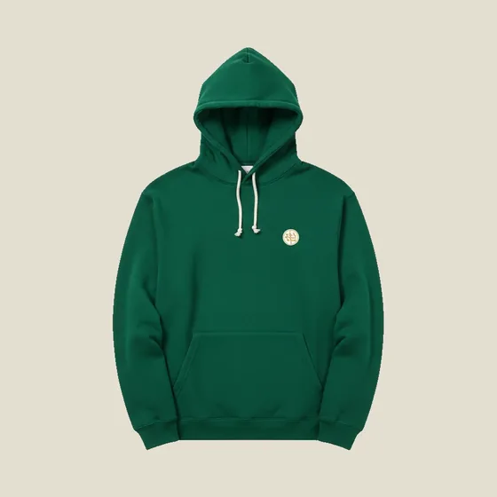 Djupgrön hoodie med känguruficka och off-white dragsnören